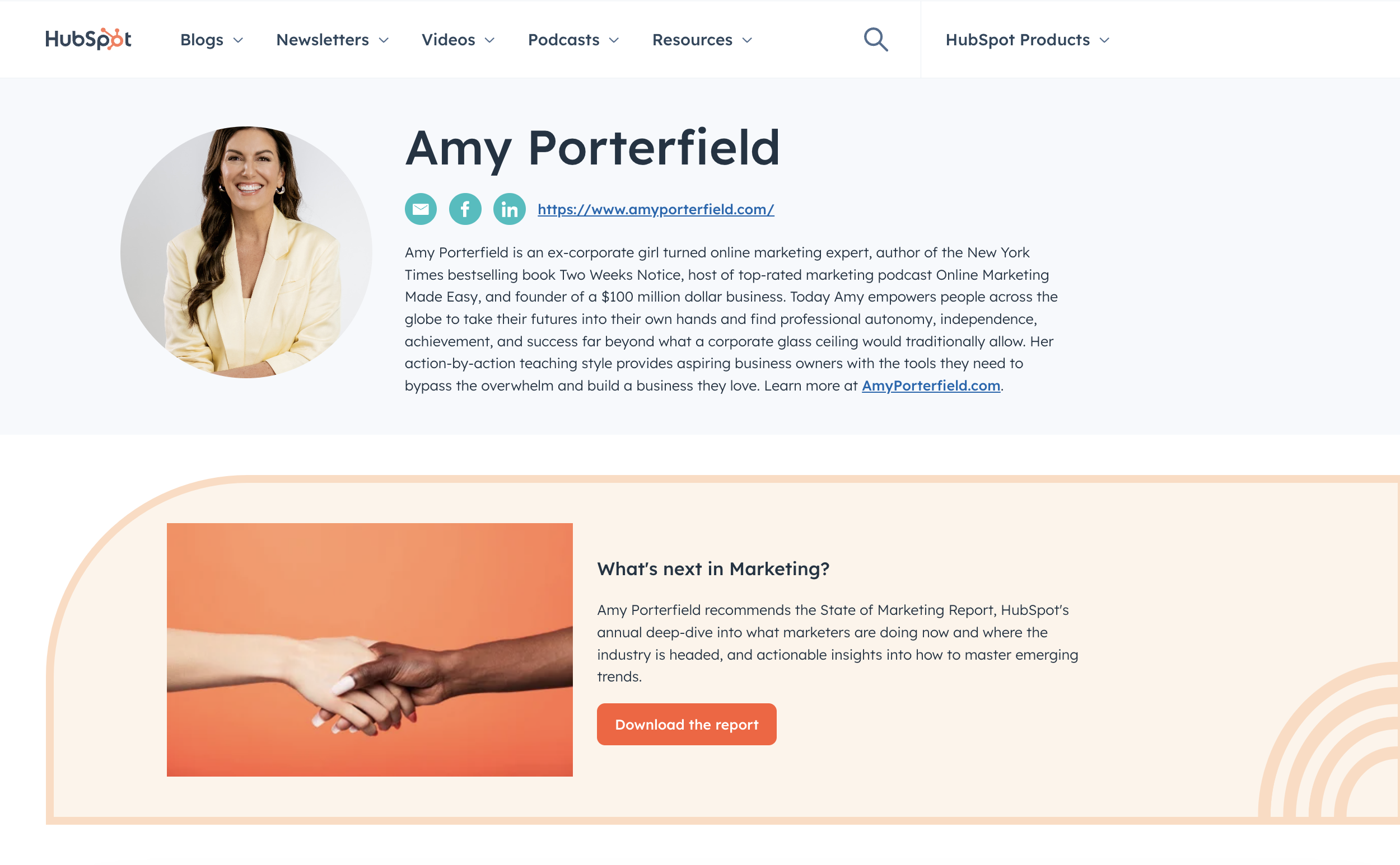 A bio section on the Hubspot website showcasing a specific team member.